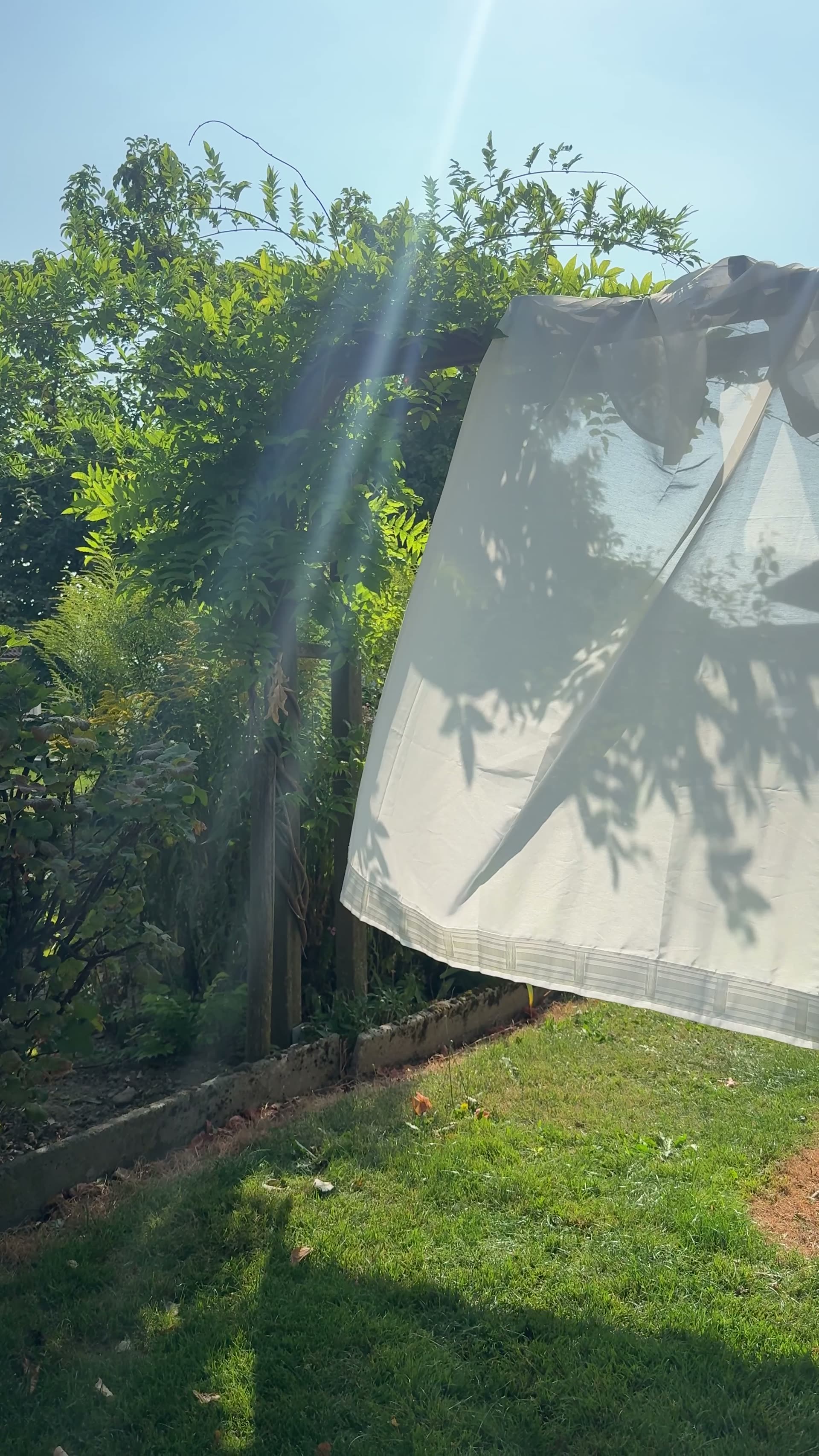 Unwonted Goods hero · pale cloth billowing in the breeze against garden greenery and blue sky